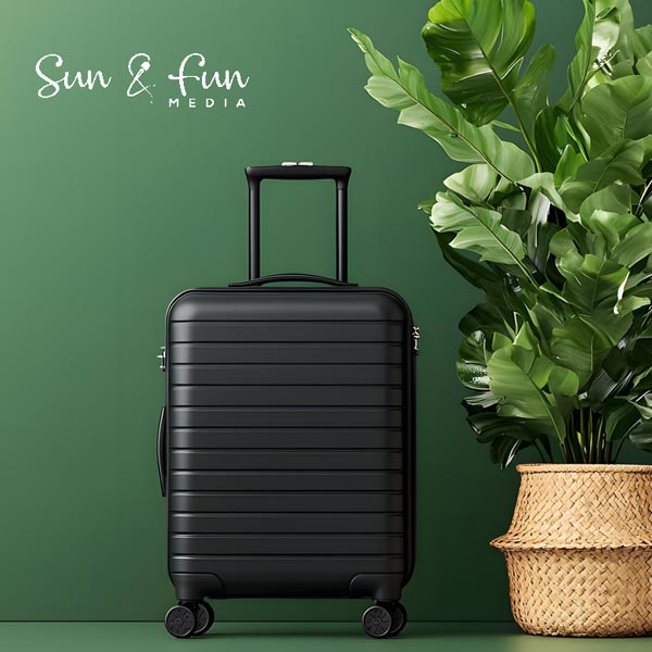 Photo of a packed suitcase by a planter pot with large green leaves