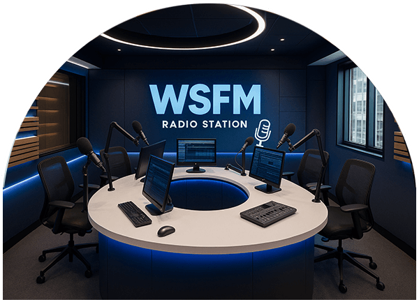 radio broadcast studio desk with microphones